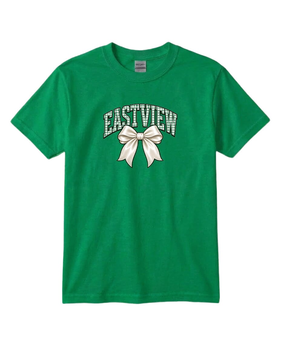 A green t-shirt with a white bow and the text "EASTVIEW" printed on it.