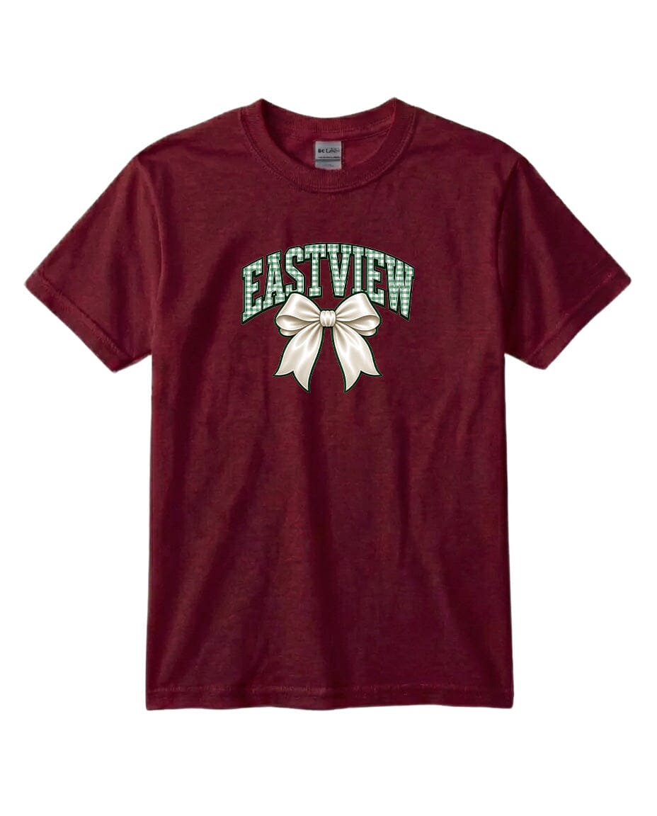 A burgundy-colored t-shirt with a graphic design featuring a white bow and the word "EASTVIEW" printed on it.