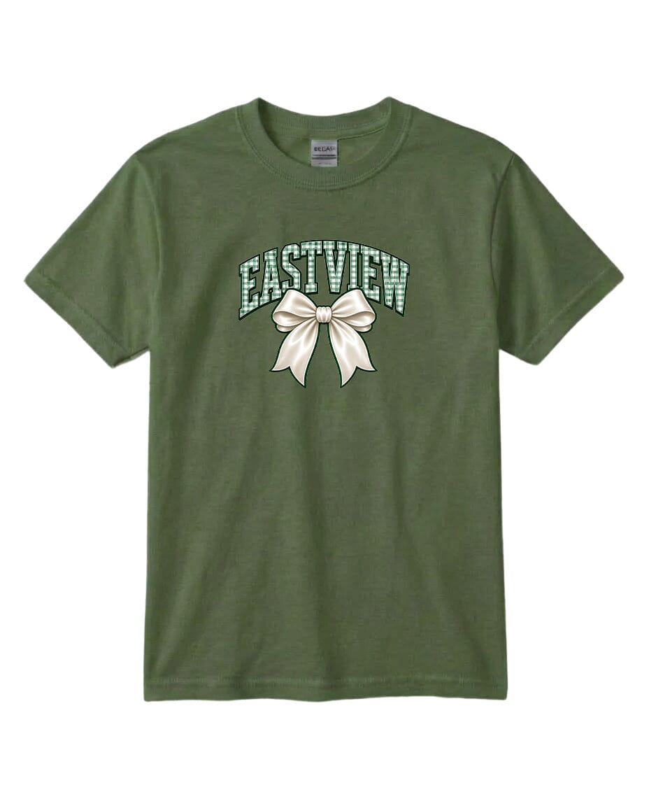 A green t-shirt with a graphic design featuring a white bow and the text "EASTVIEW" printed on it.
