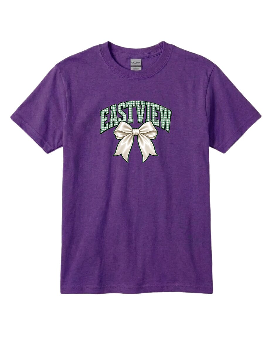 A purple t-shirt with a graphic design featuring a white bow and the text "EASTVIEW" printed on it.