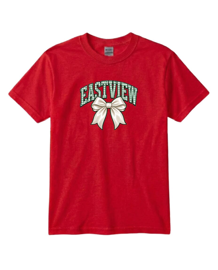 A red t-shirt with a graphic design featuring a white bow and the word "EASTVIEW" printed on it.