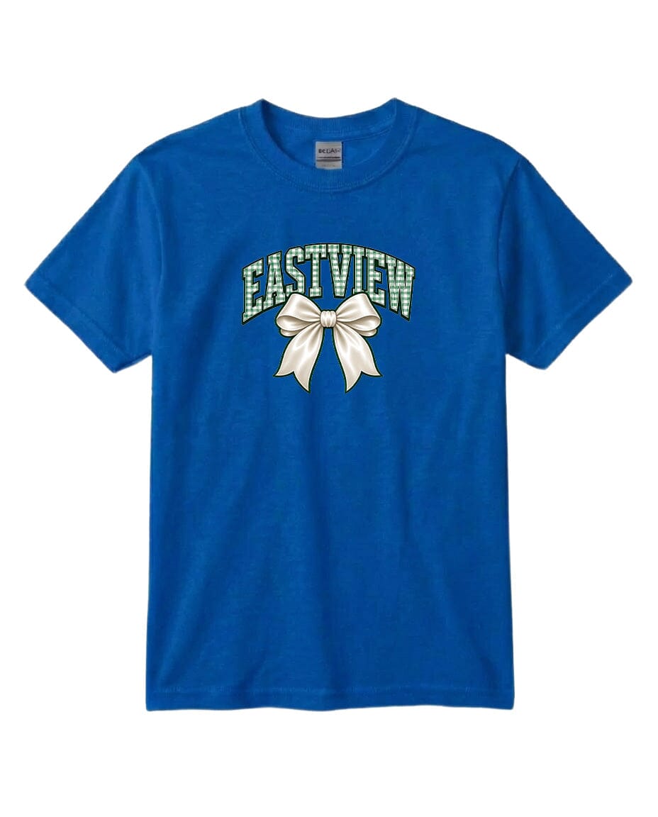 A blue t-shirt with a white bow graphic and the word "EASTVIEW" printed on it.