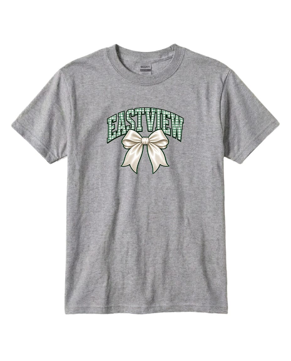 A gray t-shirt with a graphic design featuring a white bow and the text "EASTVIEW" printed on it.