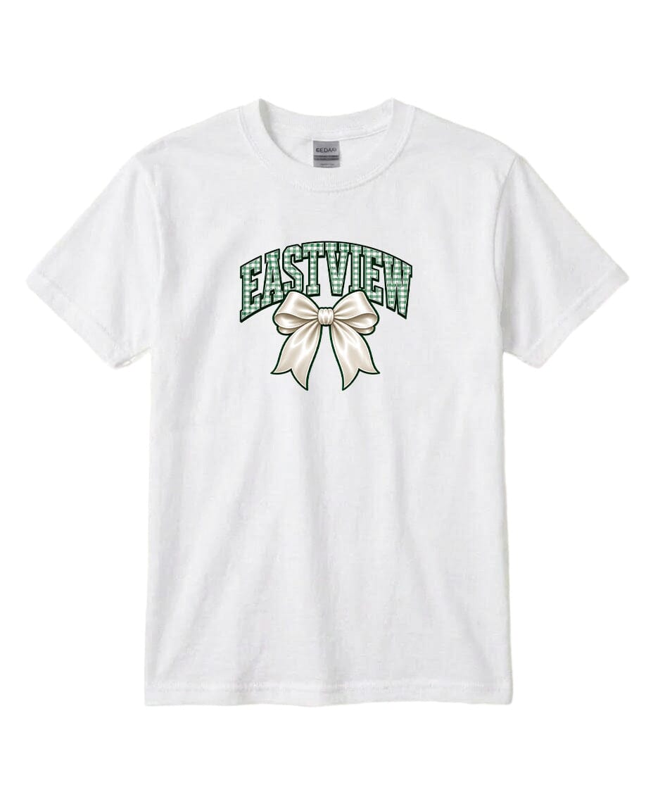 A white t-shirt with a graphic design featuring a bow and the word "EASTVIEW" printed on it.