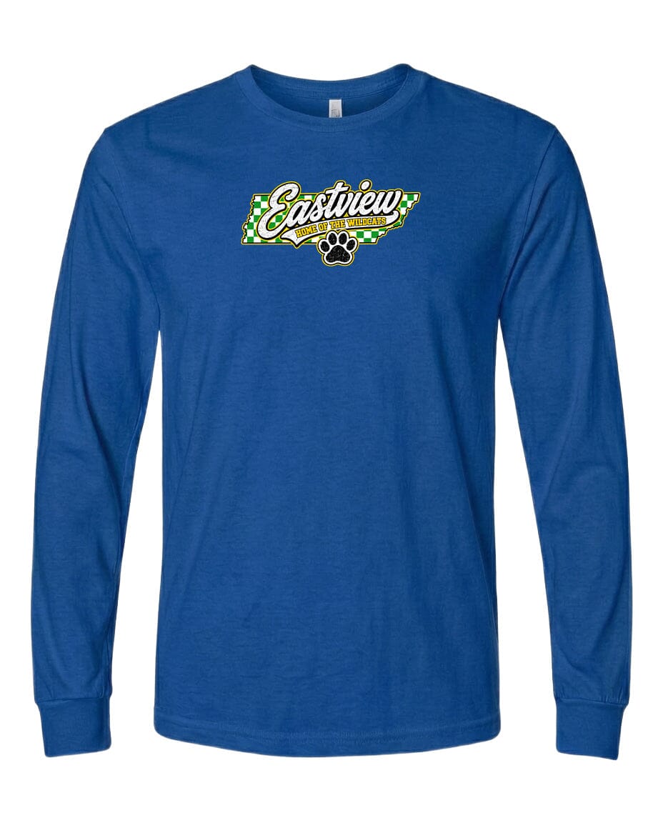 YOUTH Eastview Home of the Wildcats Chest Logo T Shirt | Hoodie | Long Sleeve | Sweatshirt | Crew Neck | Tank Top 1 Fiesta Doodle YL Long Sleeve Royal Blue waterproof vinyl sticker. dishwasher safe outdoor sticker.