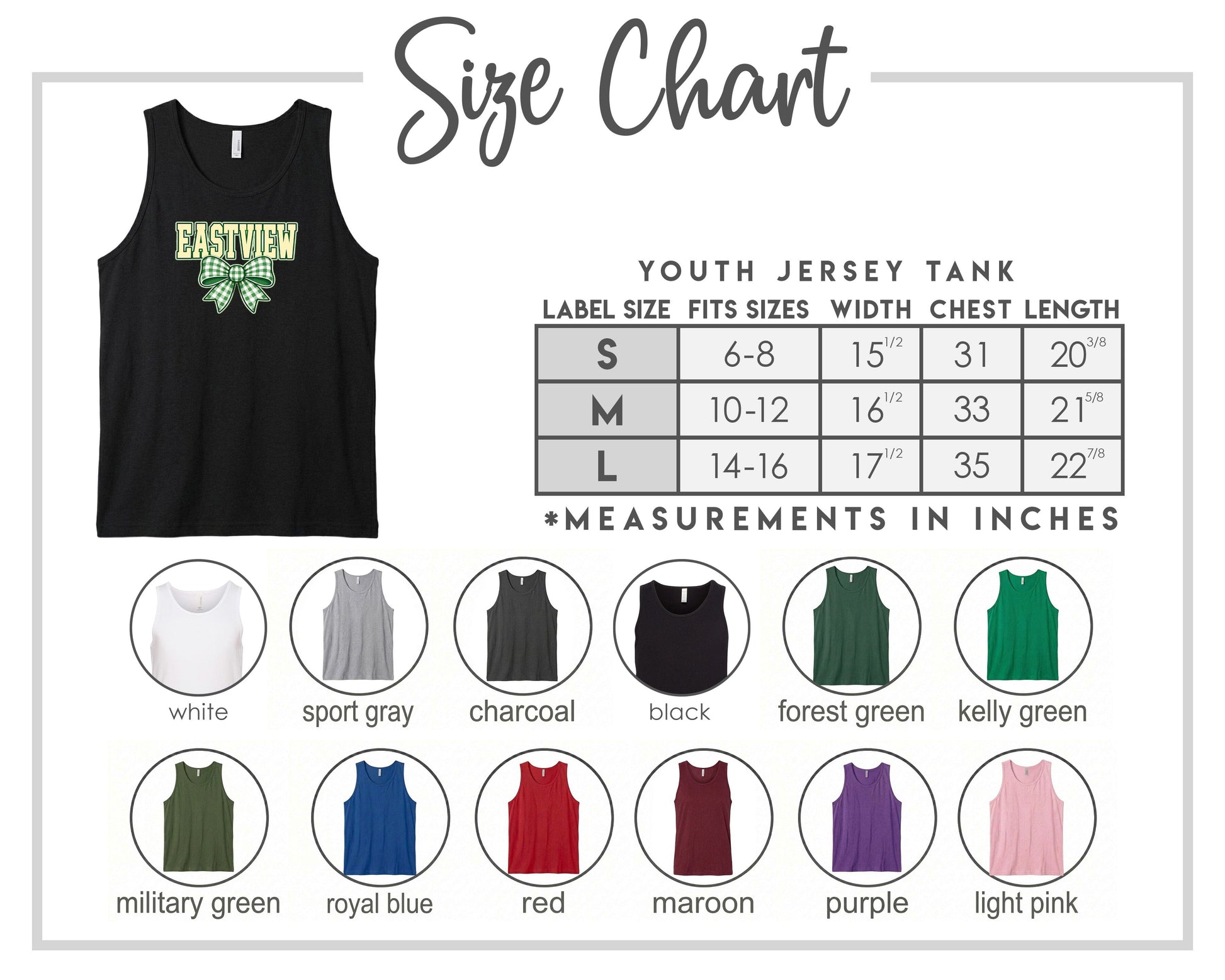 The image is a size chart for a youth jersey tank, displaying various color options and corresponding measurements in inches.