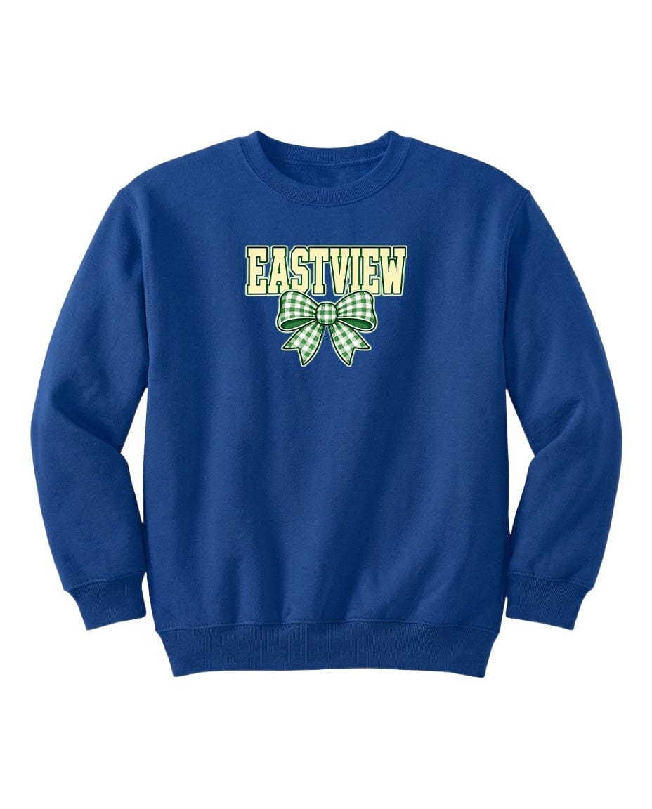 A blue sweatshirt with the word "EASTVIEW" printed on it, along with a green and white bow design.