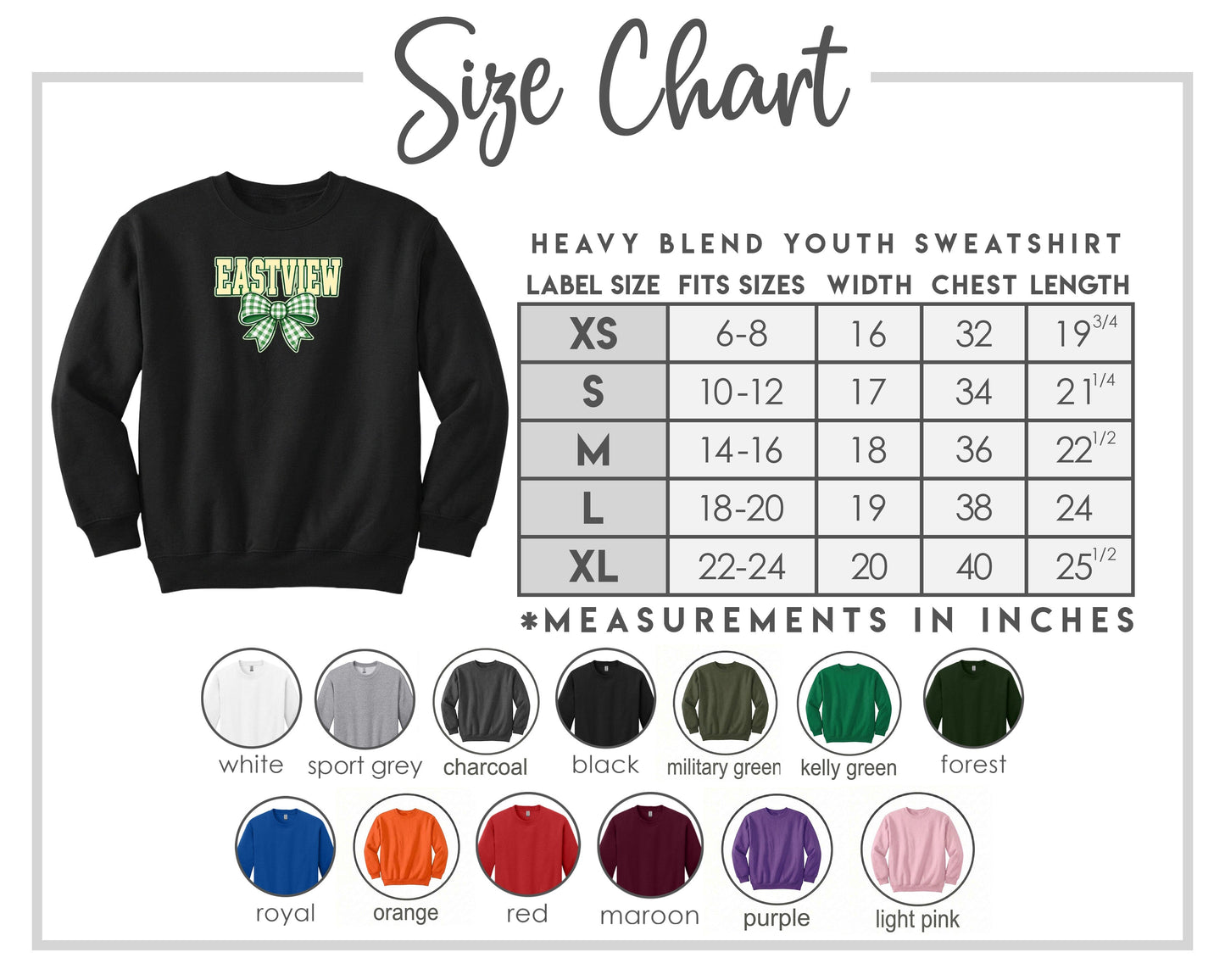 The image is a size chart for a heavy blend youth sweatshirt, including various color options and corresponding measurements in inches.