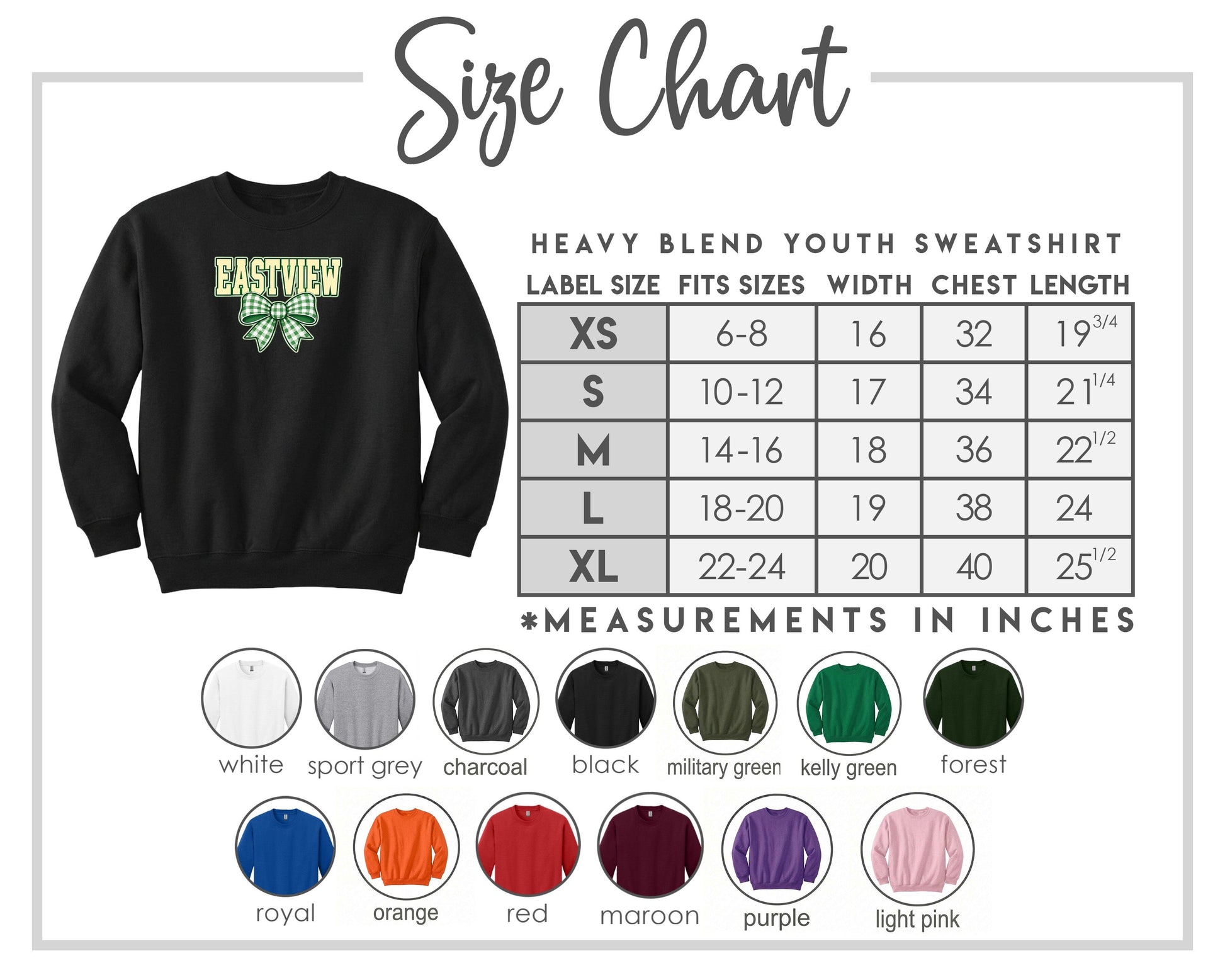The image is a size chart for a heavy blend youth sweatshirt, including various color options and corresponding measurements in inches.