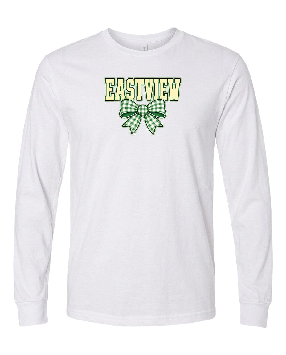 A white long-sleeved t-shirt with a green and white checkered bow and the word "EASTVIEW" printed on it.