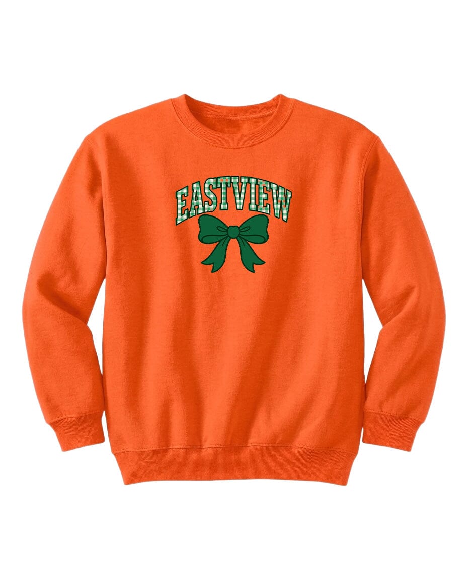 An orange sweatshirt with a green bow and the word "EASTVIEW" printed on it.