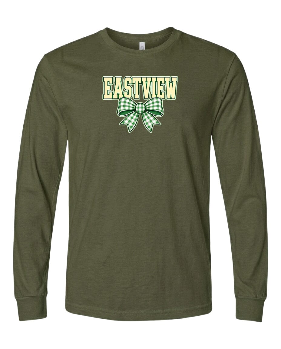 A dark green long-sleeved t-shirt with a graphic design on the front.