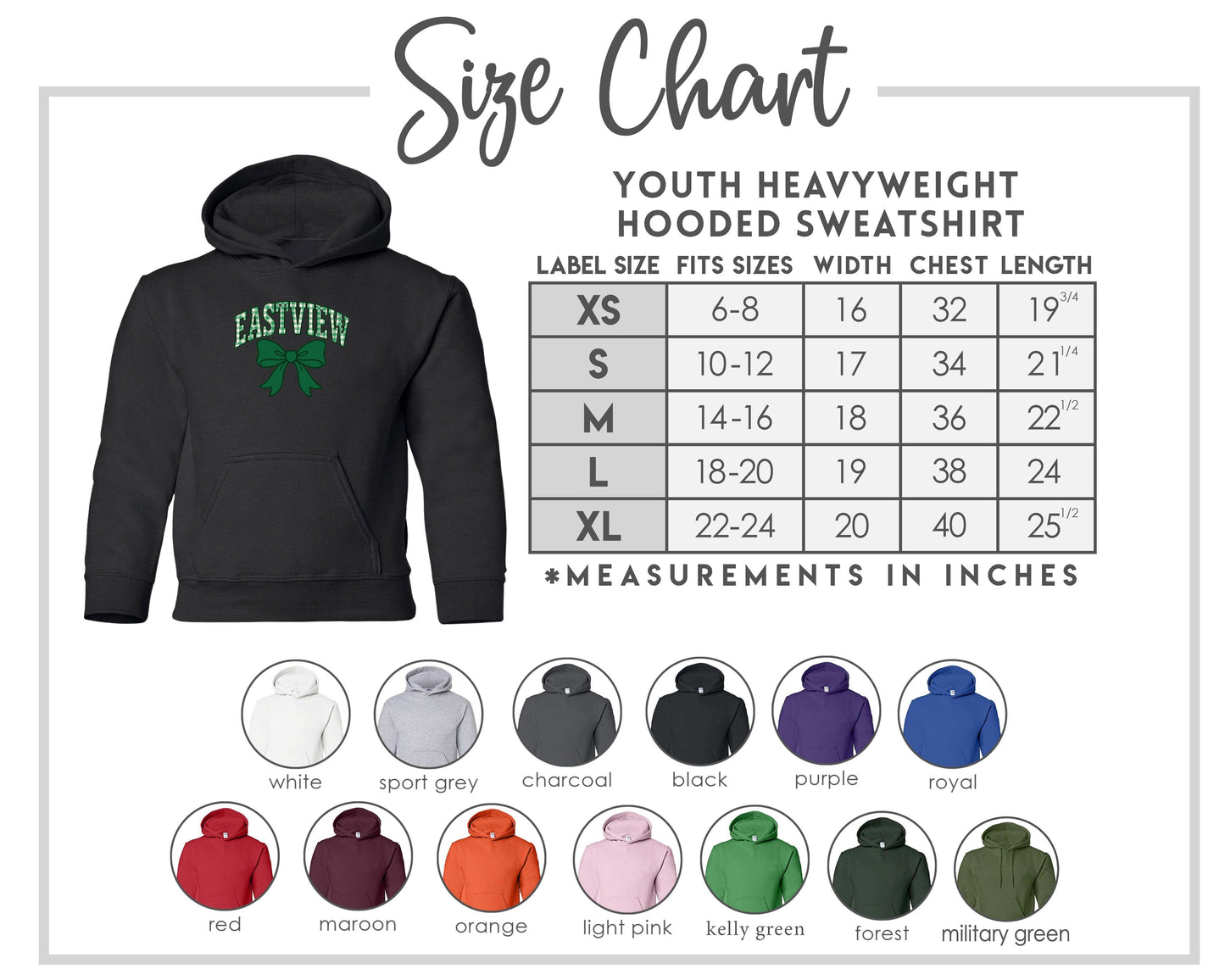 The image is a size chart for a youth heavyweight hooded sweatshirt. It includes a black hooded sweatshirt with the text "EASTVIEW" on the front, along with a table of measurements for different sizes. The chart also displays various color options for the sweatshirt, including white, sport grey, charcoal, black, purple, royal, maroon, orange, light pink, kelly green, forest green, and military green.