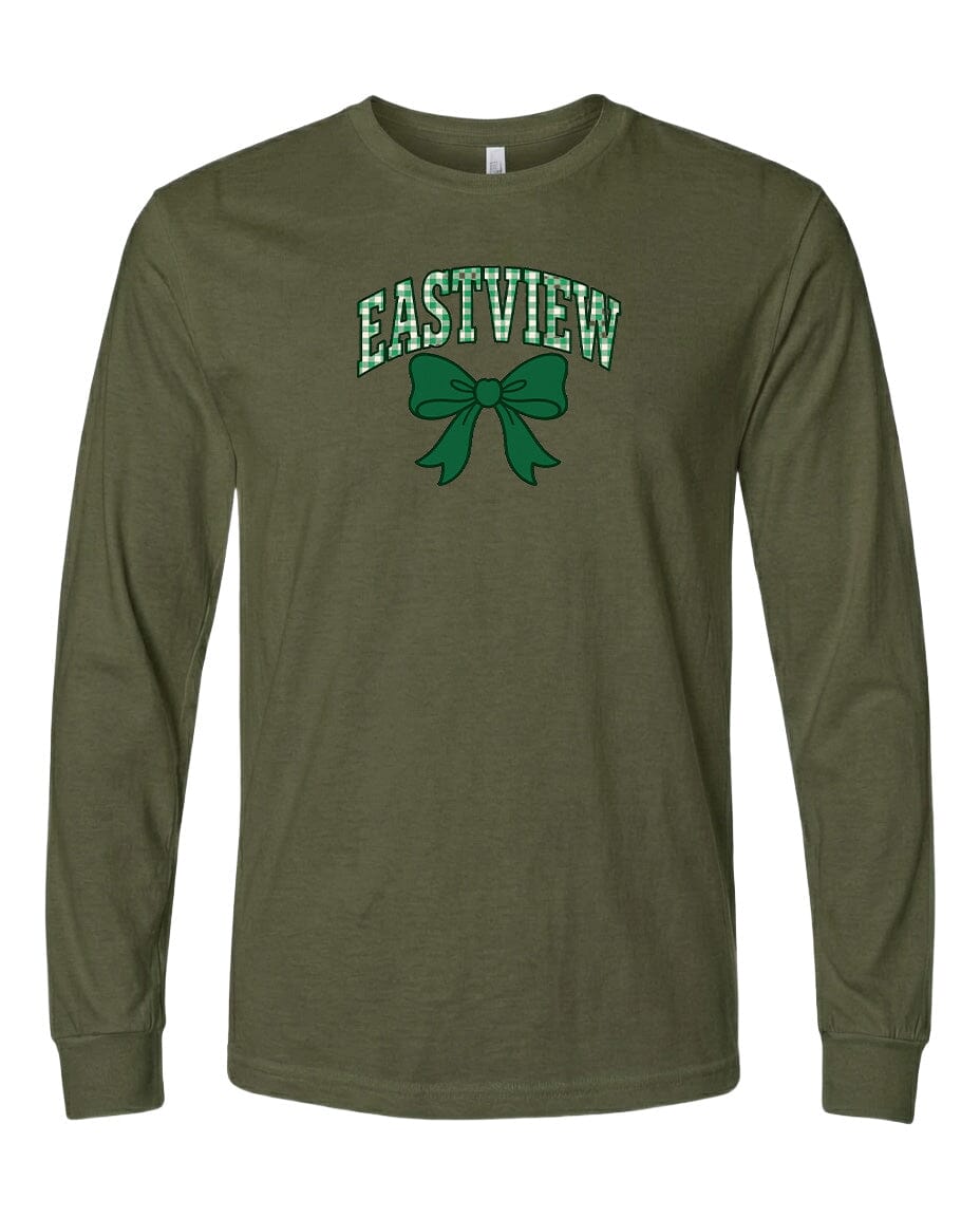 A long-sleeved olive green t-shirt with a green bow and the word "EASTVIEW" printed on it.