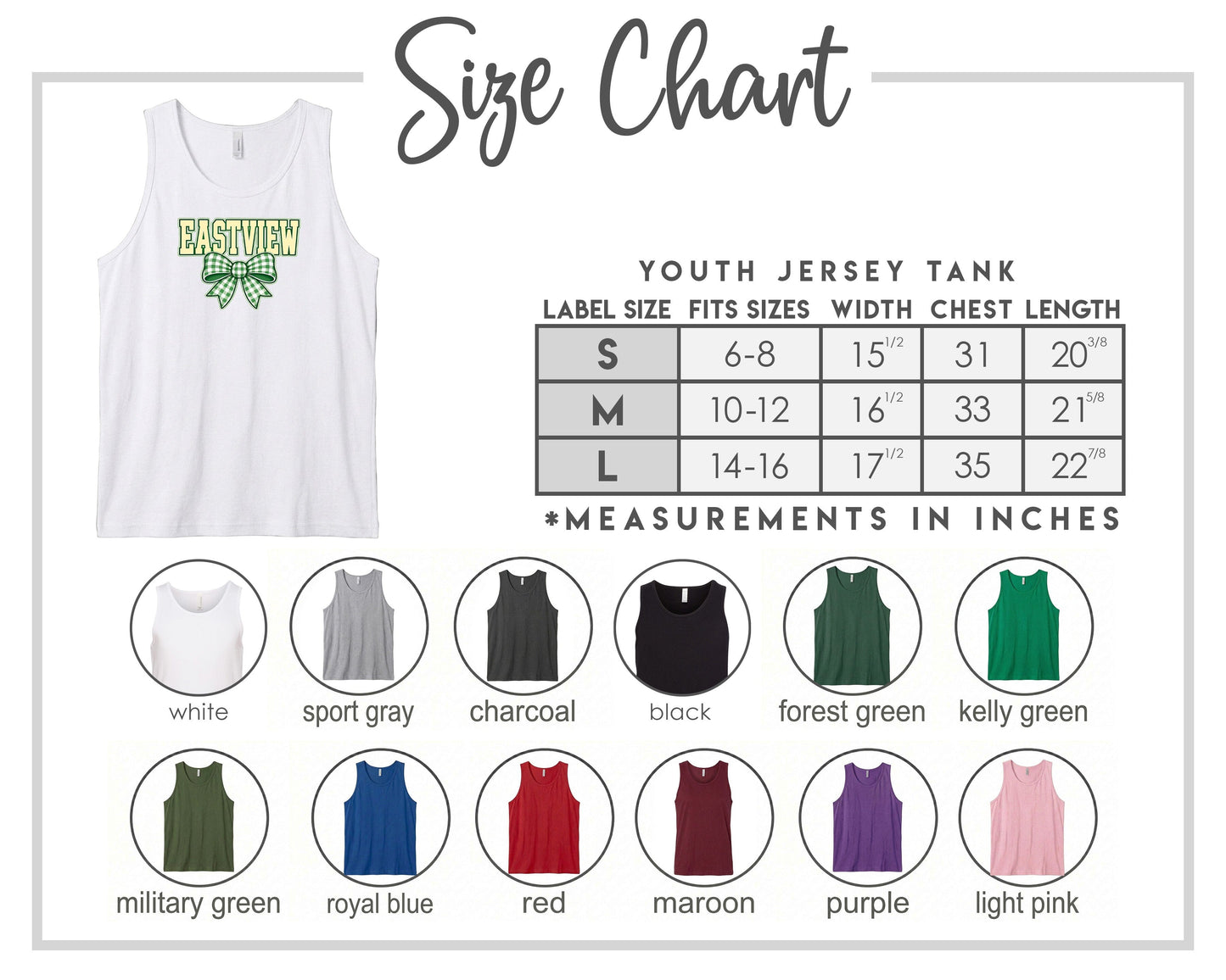 The image is a size chart for a youth jersey tank, displaying various color options and corresponding measurements in inches.
