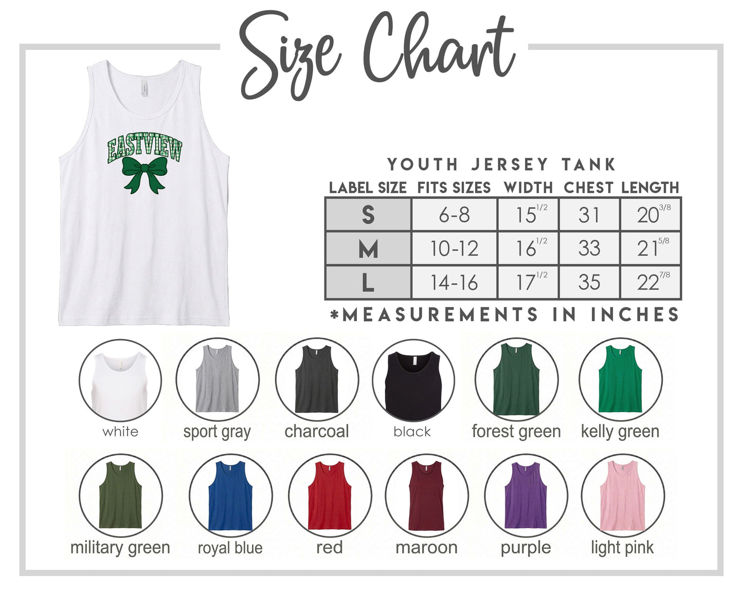 The image is a size chart for a youth jersey tank, displaying various color options and corresponding measurements in inches.