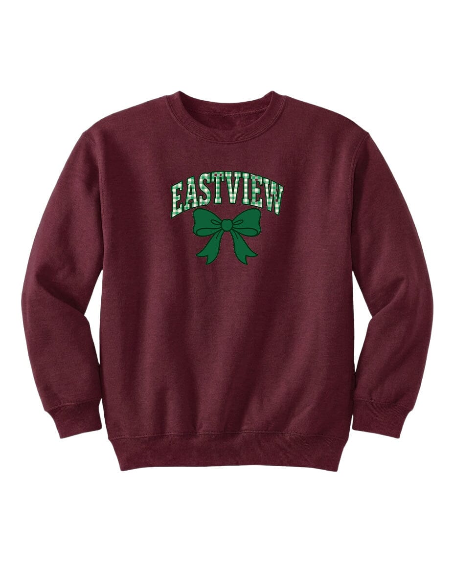 A burgundy sweatshirt with the text "EASTVIEW" and a green bow graphic printed on it.