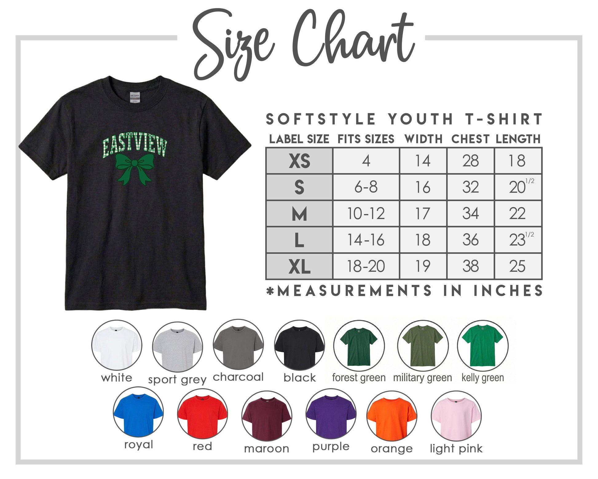 The image is a size chart for a softstyle youth t-shirt, providing measurements for different sizes and corresponding t-shirt colors.
