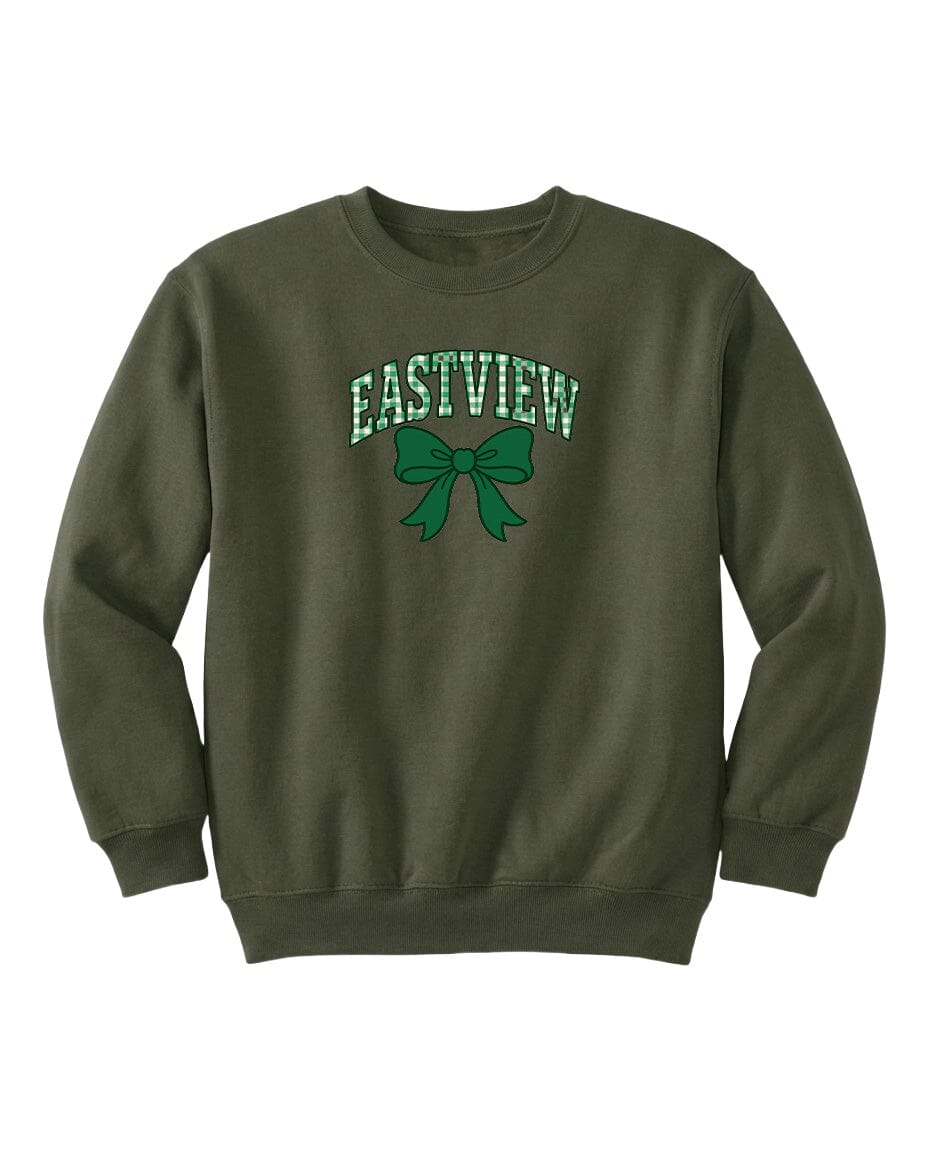 A dark green sweatshirt with a green bow and the text "EASTVIEW" printed on it.