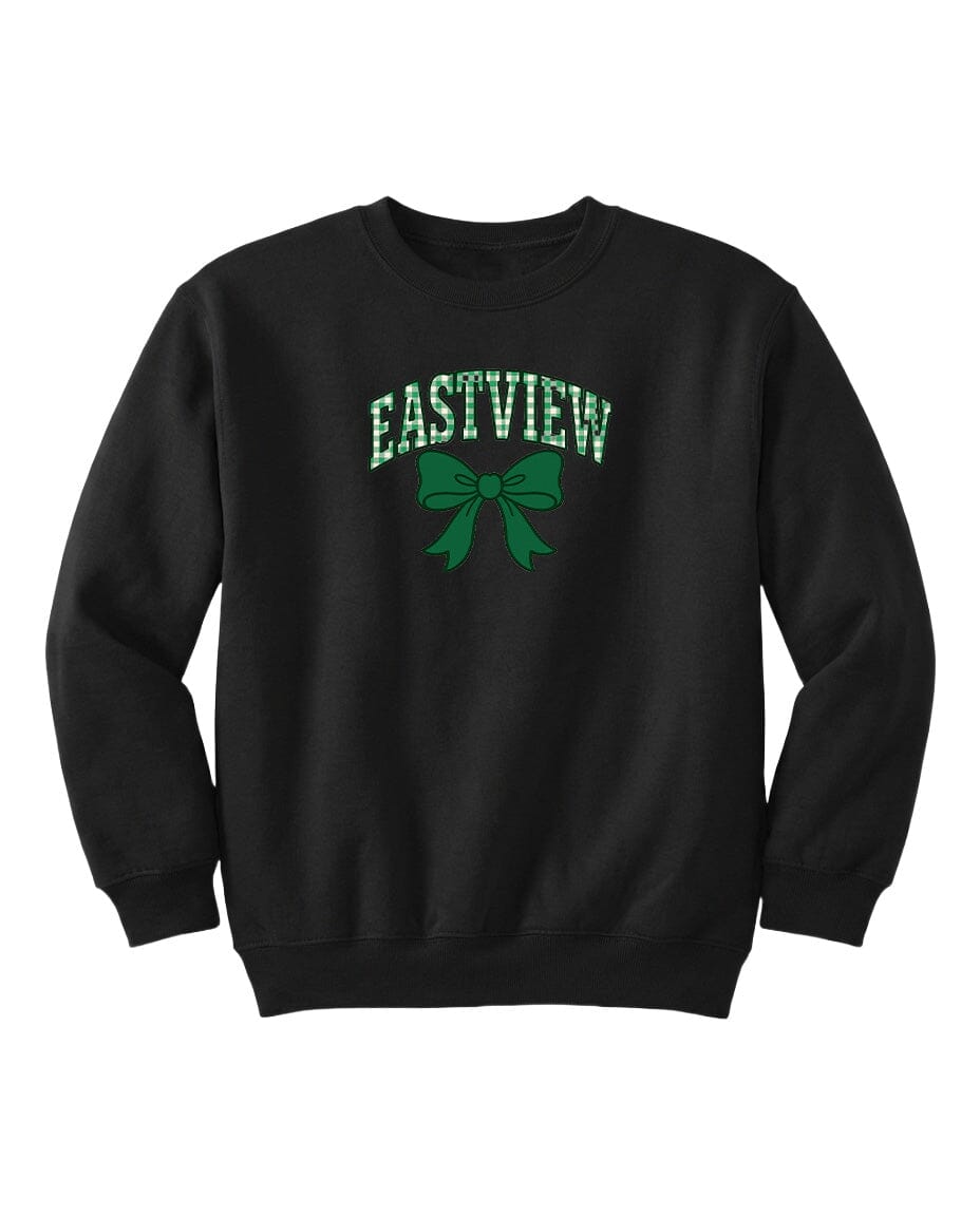 A black sweatshirt with the text "EASTVIEW" and a green bow graphic printed on it.