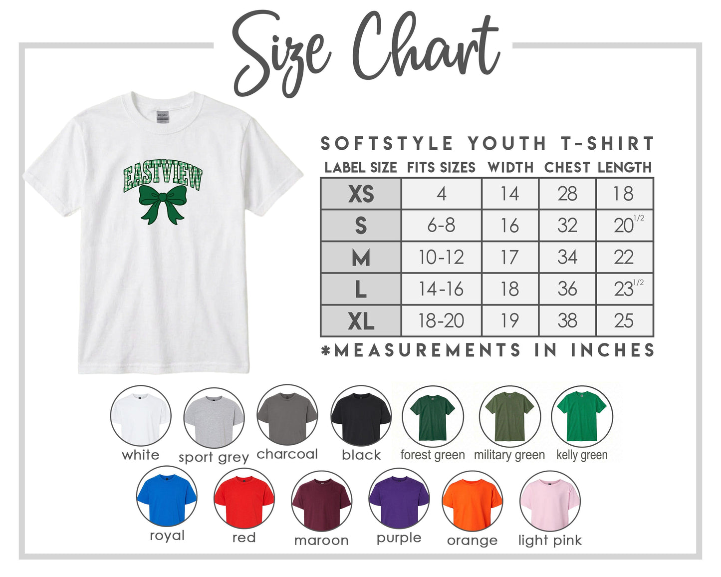 The image is a size chart for a softstyle youth t-shirt, providing measurements for different sizes and corresponding t-shirt colors.