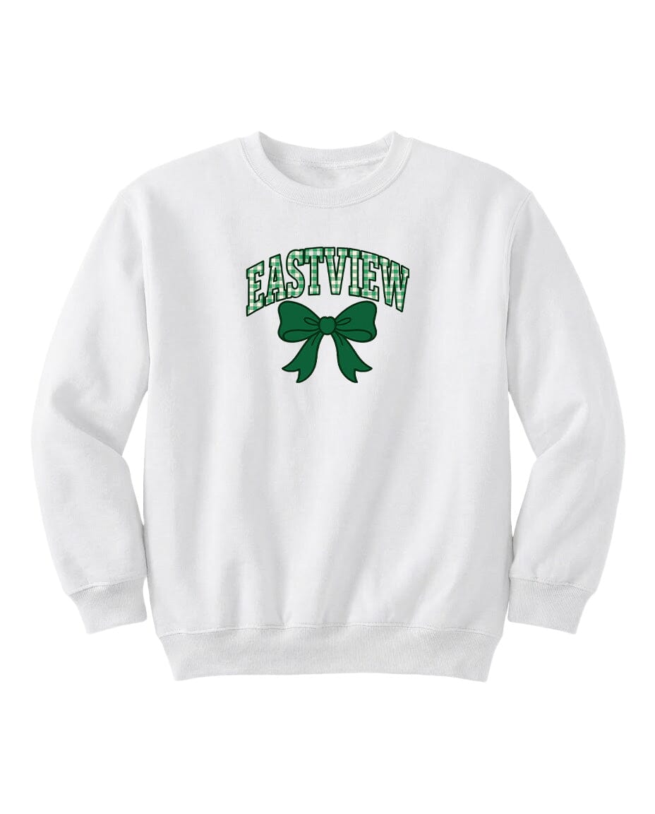A white sweatshirt with the word "EASTVIEW" printed on it, along with a green bow graphic.