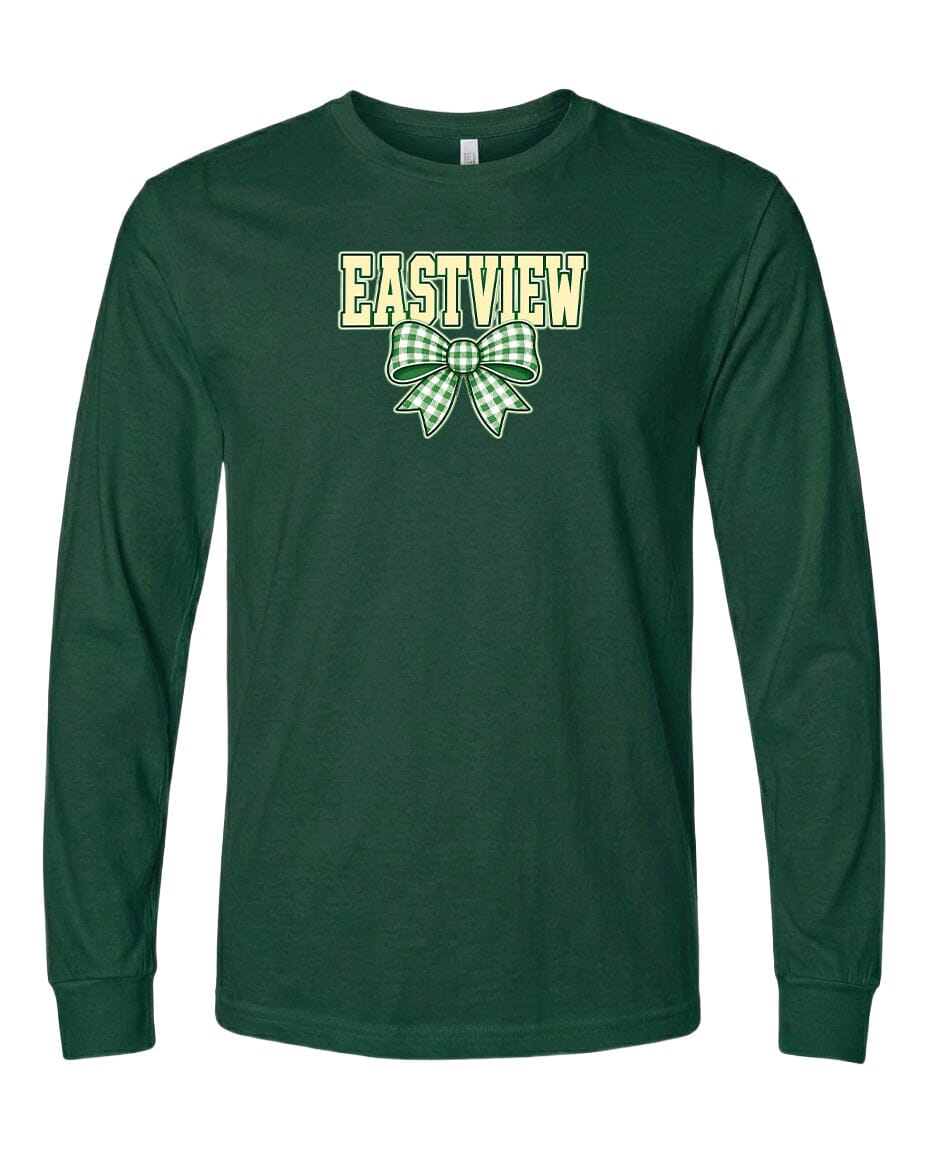 A dark green long-sleeved t-shirt with a white and green bow graphic and the word "EASTVIEW" printed on it.