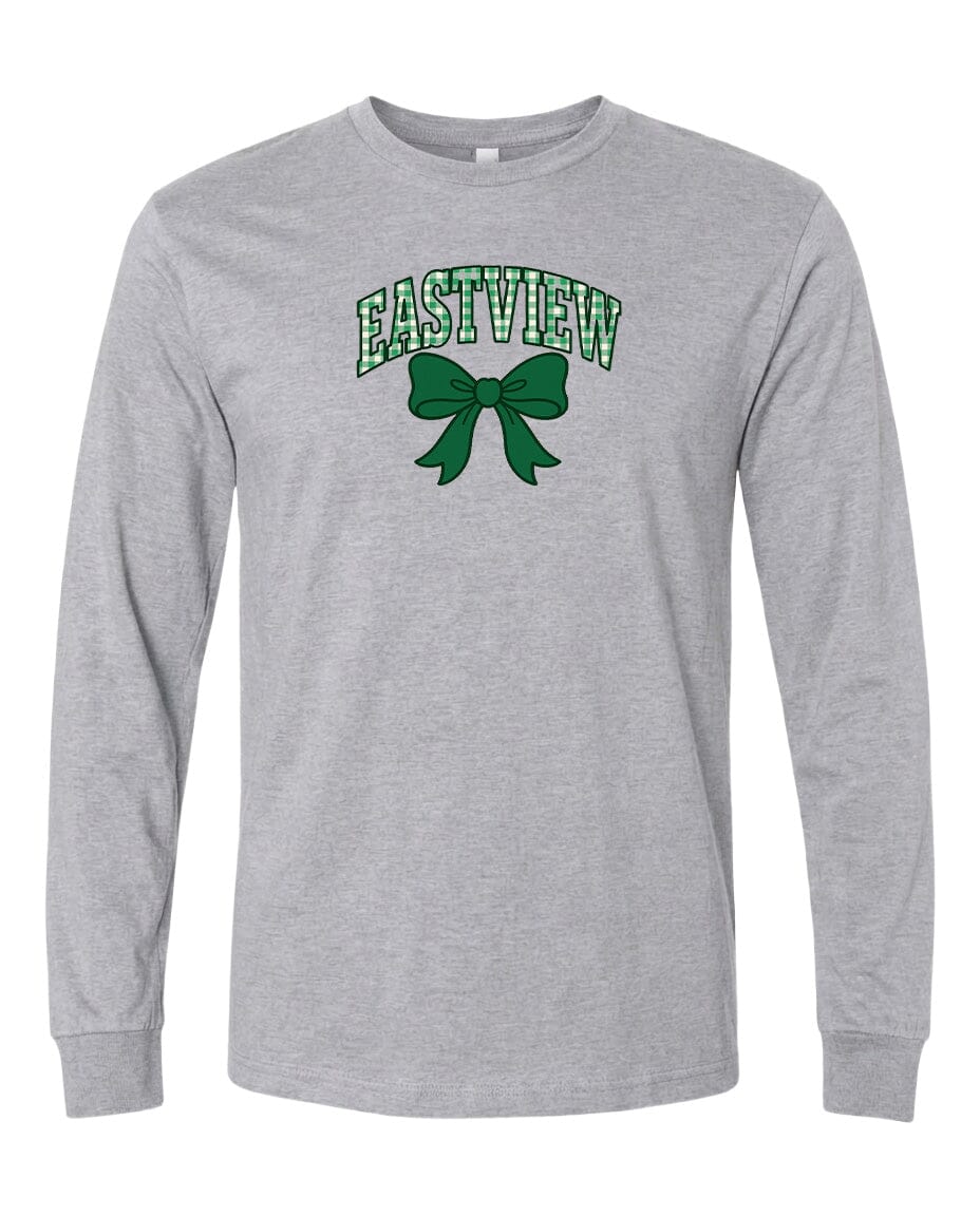 A gray long-sleeved t-shirt with a green bow and the word "EASTVIEW" printed on it.