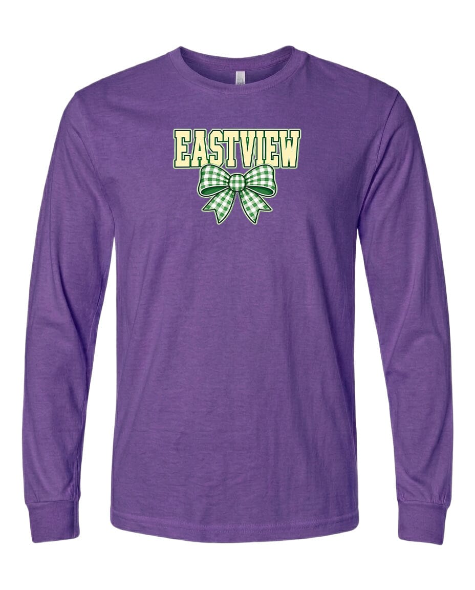 A purple long-sleeved t-shirt with a green and white bow graphic and the word "EASTVIEW" printed on it.