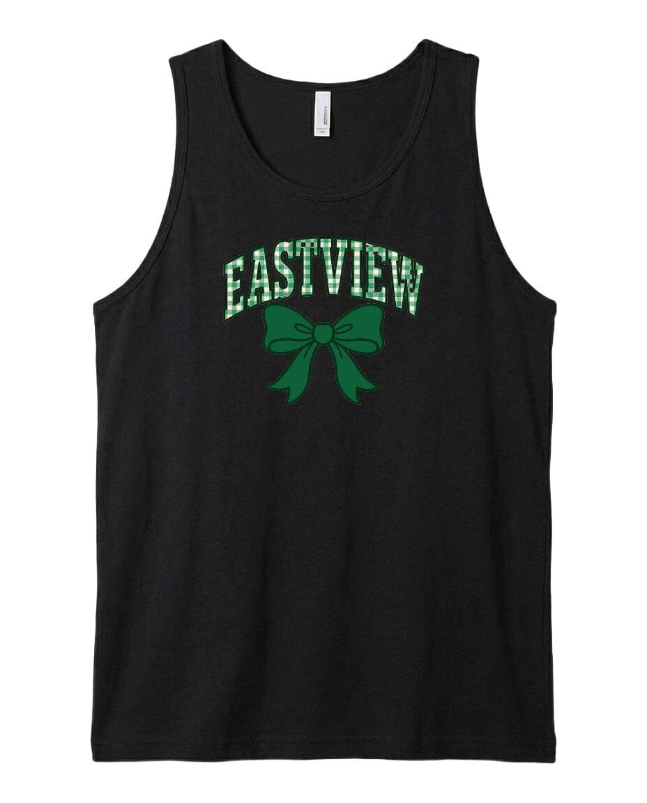 A black tank top with the text "EASTVIEW" and a green bow printed on it.
