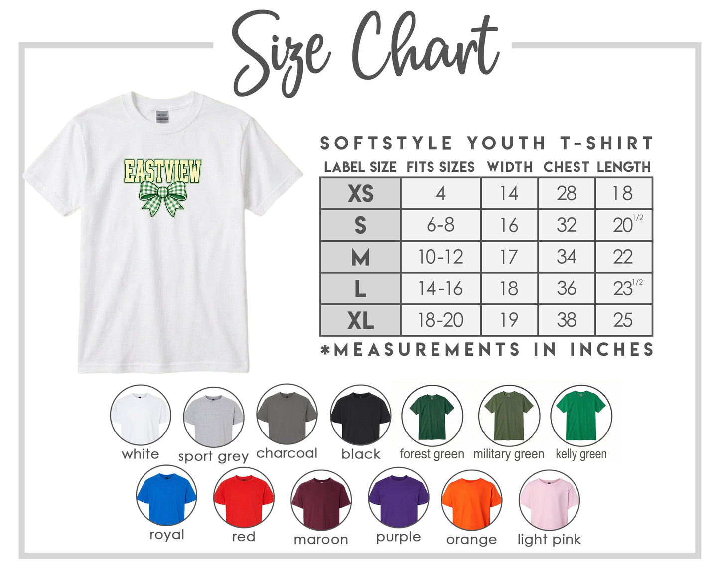 The image is a size chart for a softstyle youth t-shirt, providing measurements for different sizes and corresponding t-shirt colors.