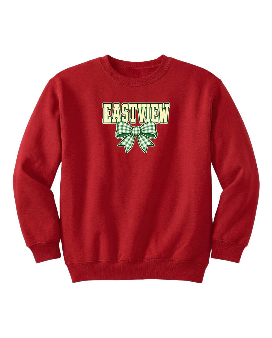 A red sweatshirt with the word "EASTVIEW" and a green bow on the front.