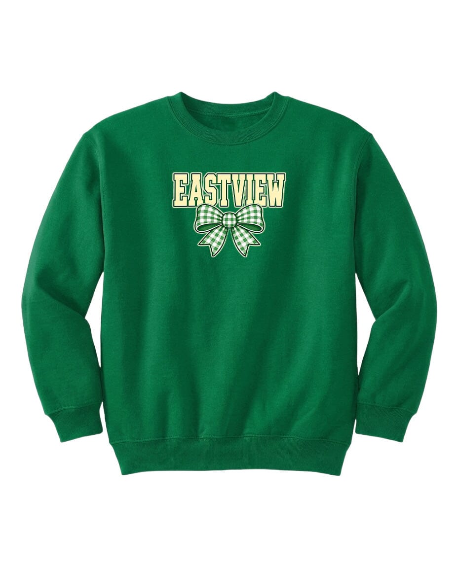 A green sweatshirt with the word "EASTVIEW" printed on it, along with a bow design.