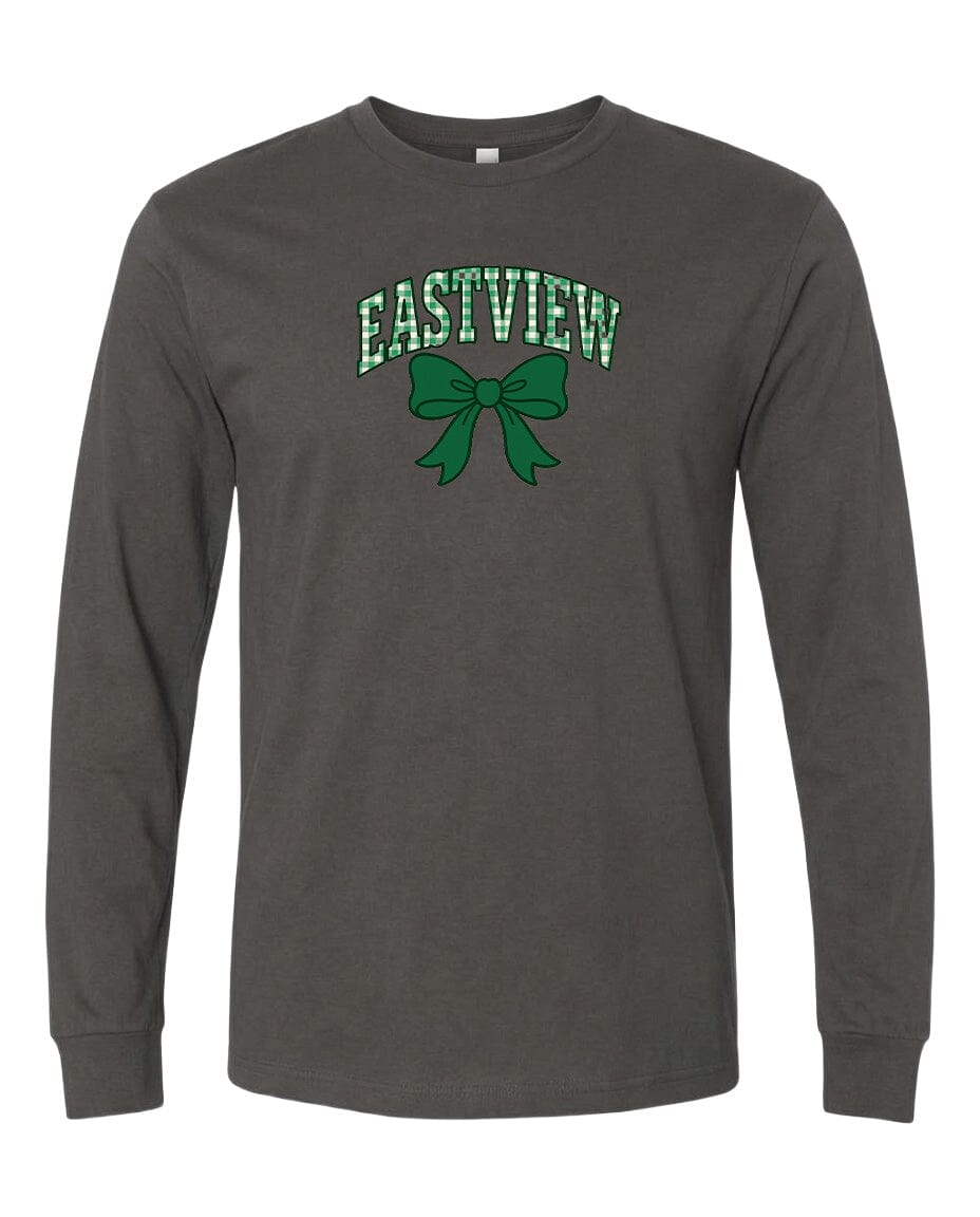 A gray long-sleeved t-shirt with a green bow and the word "EASTVIEW" printed on it.