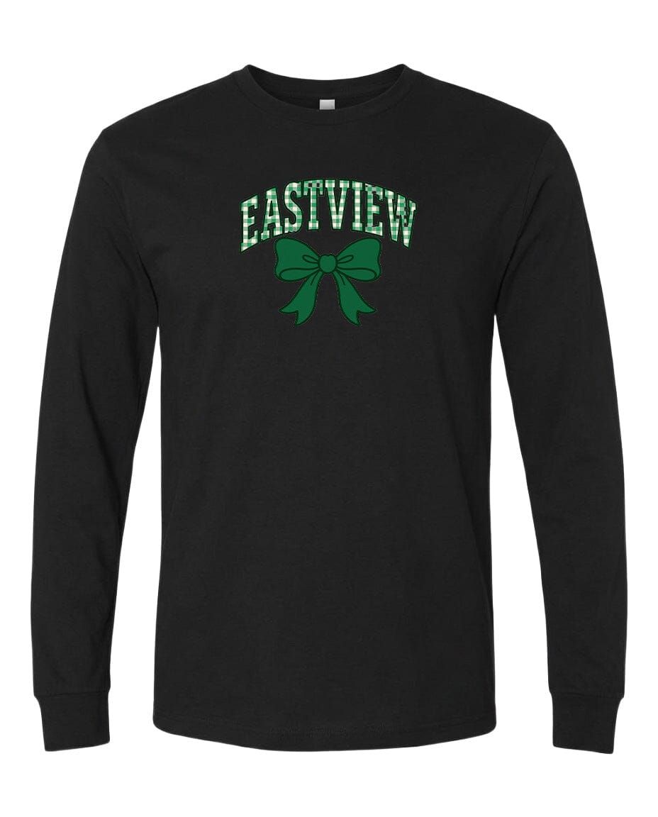 A black long-sleeved t-shirt with a green bow and the word "EASTVIEW" printed on it.