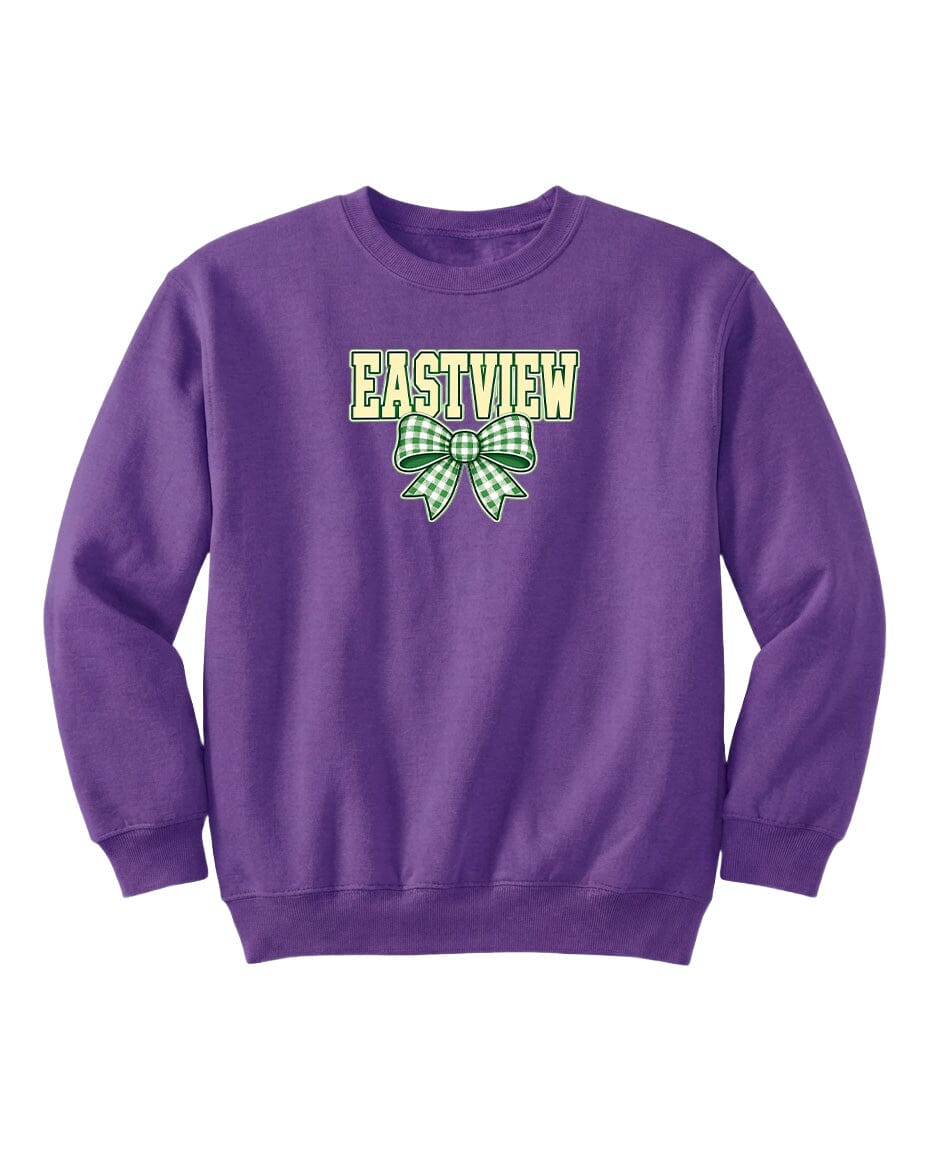 A purple sweatshirt with the text "EASTVIEW" and a green bow graphic printed on it.