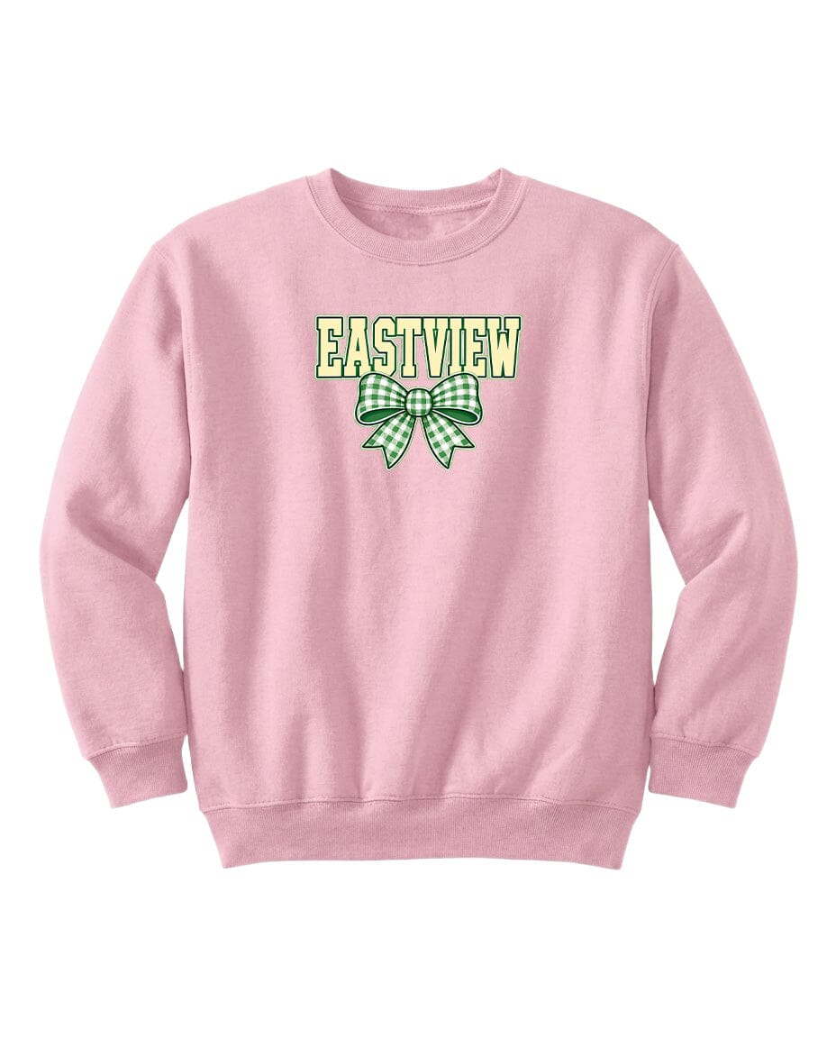 A pink sweatshirt with the word "EASTVIEW" and a green bow printed on it.