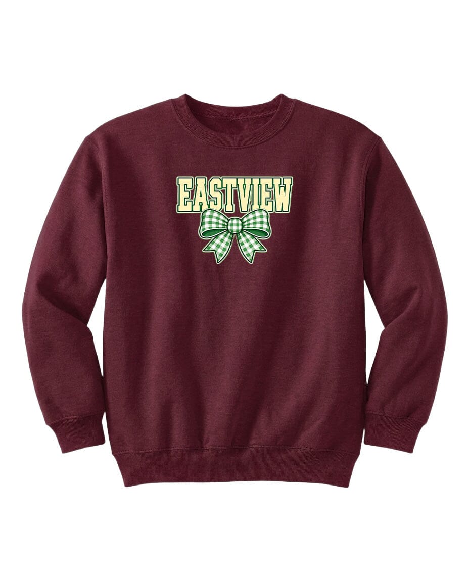 A burgundy sweatshirt with the text "EASTVIEW" and a green and white bow graphic printed on it.