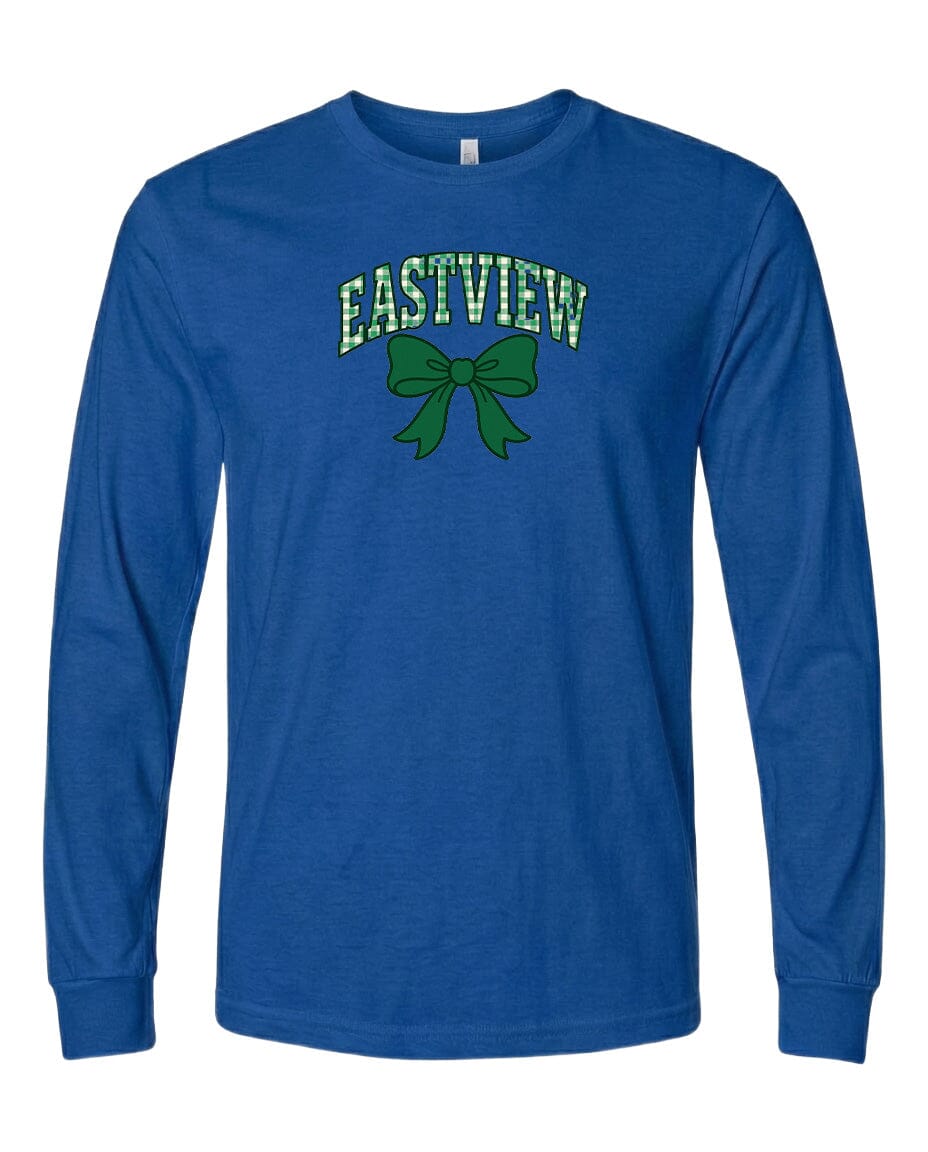 A blue long-sleeved t-shirt with a green bow and the text "EASTVIEW" printed on it.