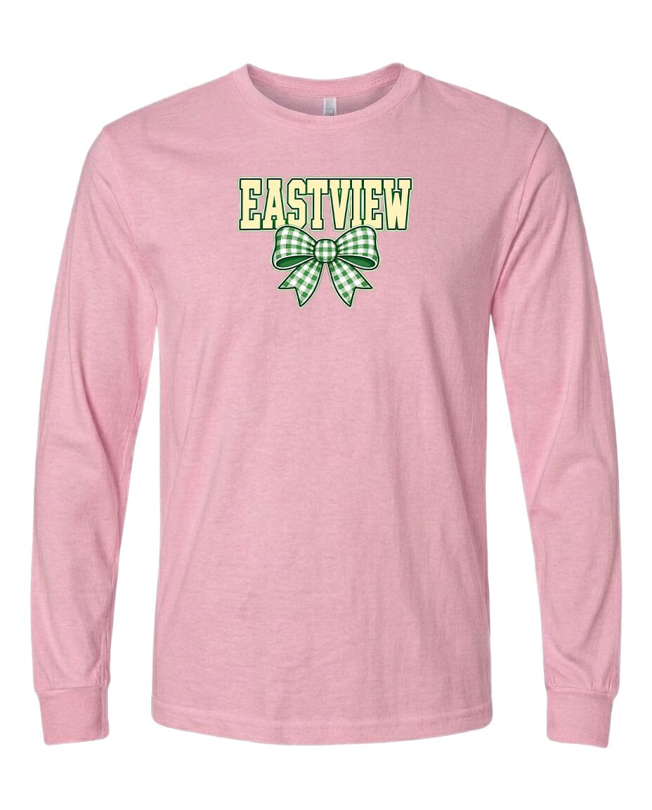 A pink long-sleeved t-shirt with a green and white checkered bow and the word "EASTVIEW" printed on it.