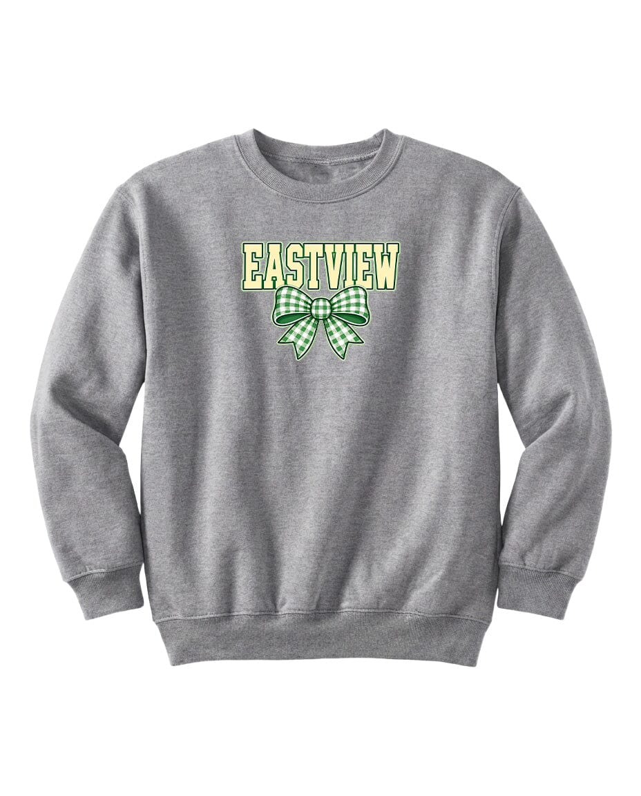 A gray sweatshirt with the text "EASTVIEW" and a green bow on the front.