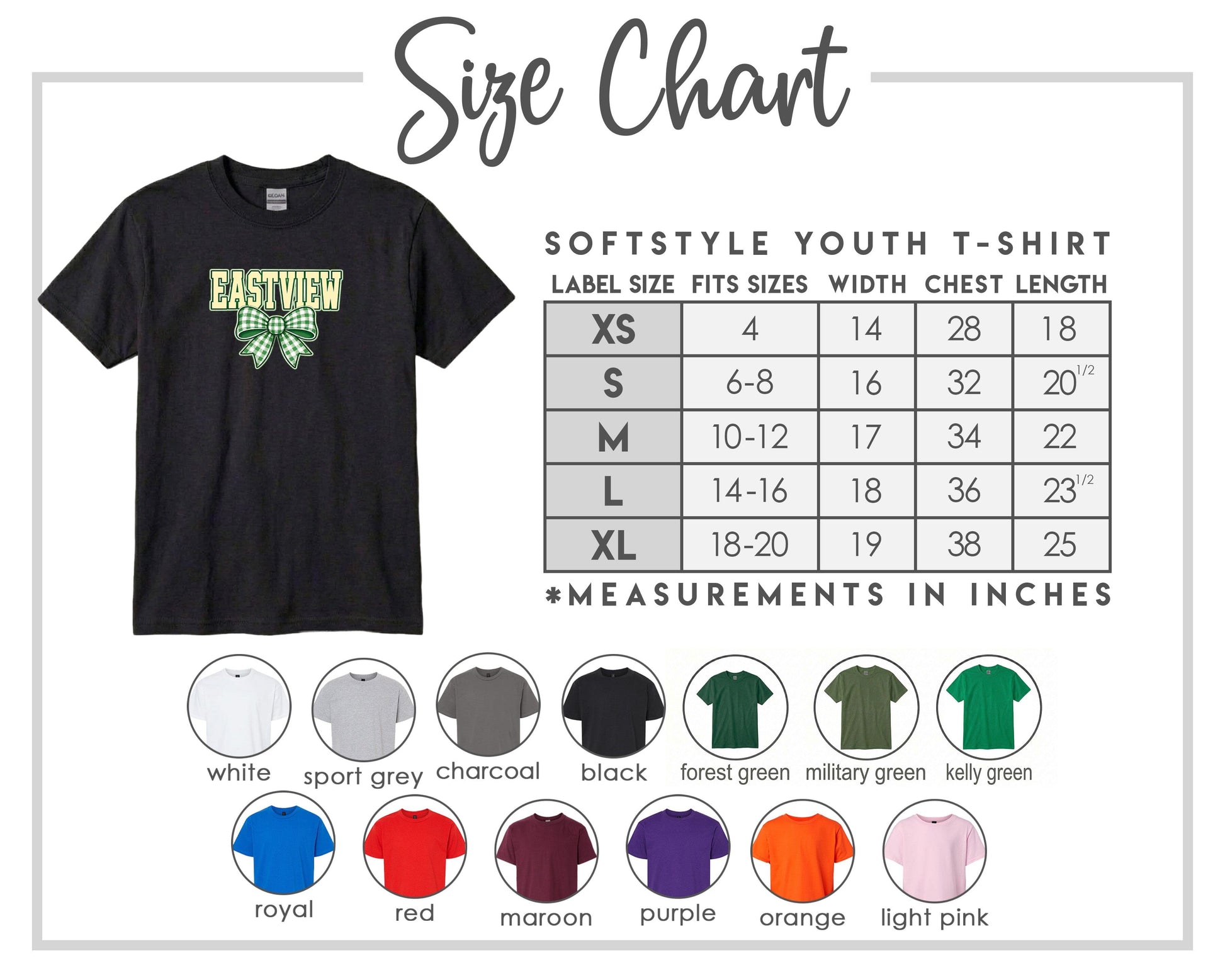 The image is a size chart for a softstyle youth t-shirt, providing measurements for different sizes and corresponding t-shirt colors.