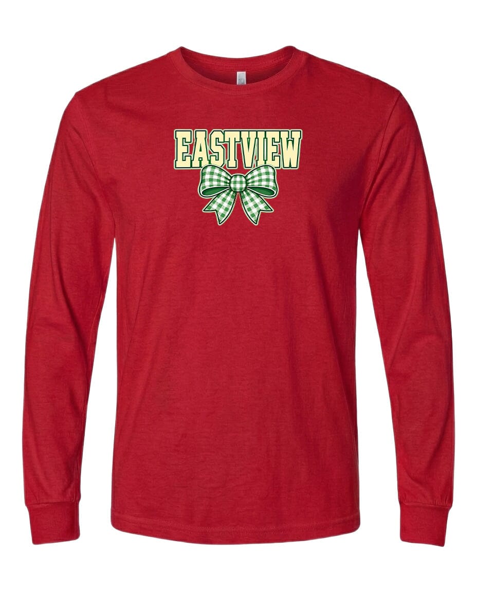 A red long-sleeved t-shirt with a green and white bow graphic and the word "EASTVIEW" printed on it.
