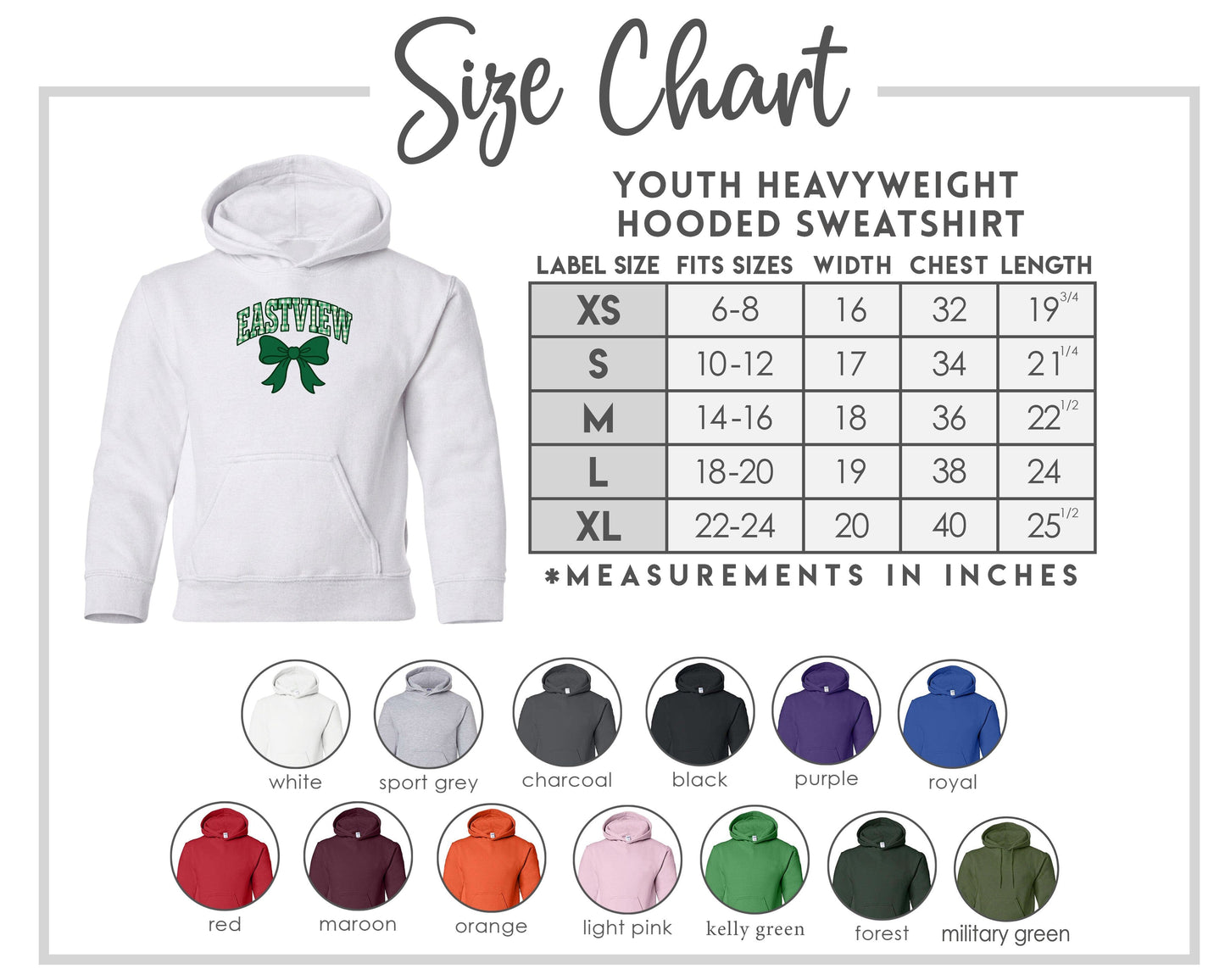 The image is a size chart for a youth heavyweight hooded sweatshirt, providing measurements for different age groups and sizes.
