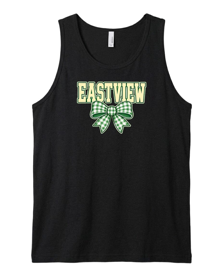 A black tank top with a green and white bow on it.