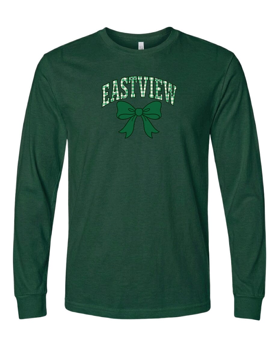 A dark green long-sleeved t-shirt with a graphic design on the front.
