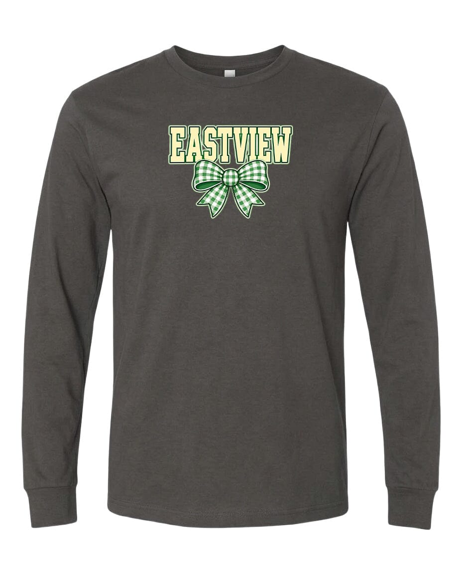 A gray long-sleeved t-shirt with a green and white bow design and the word "EASTVIEW" printed on it.