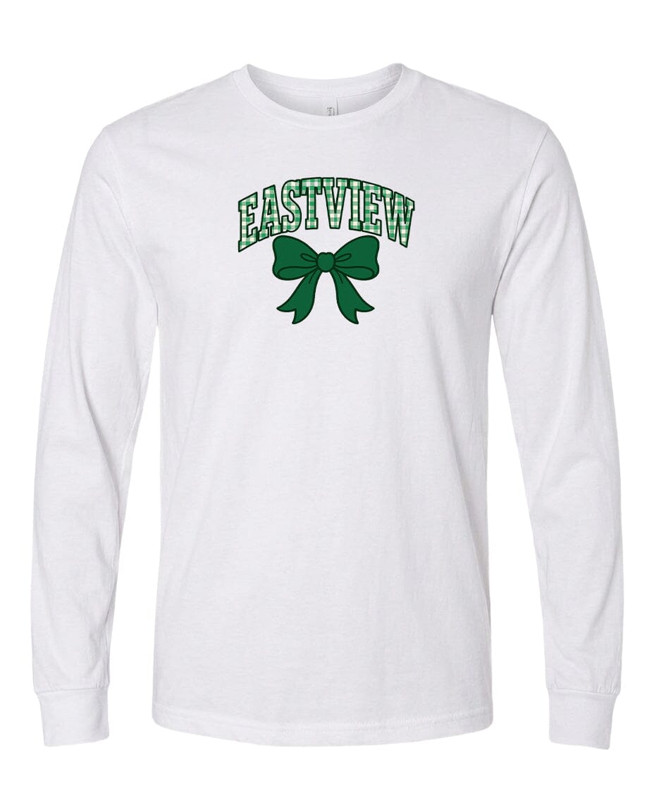 A white long-sleeved t-shirt with a green bow and the word "EASTVIEW" printed on it.
