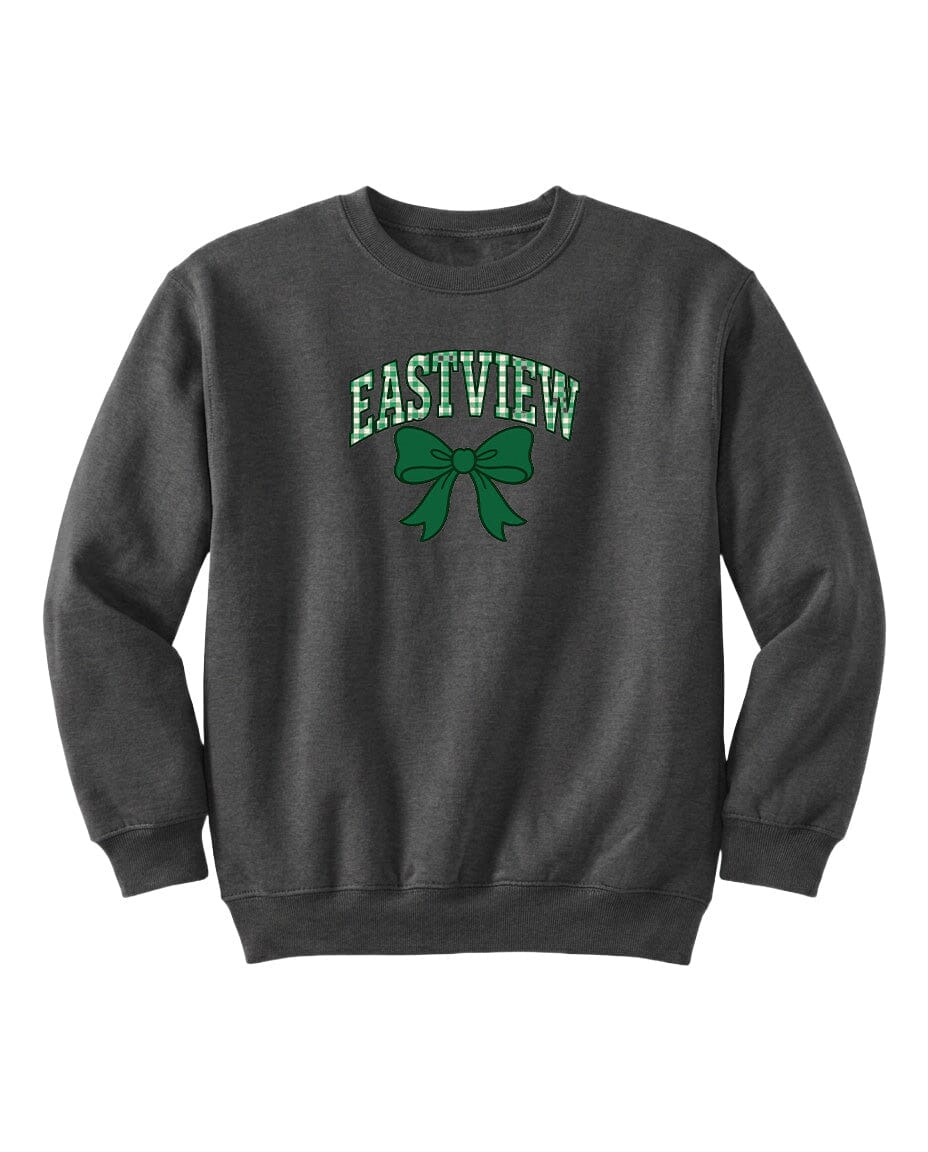 A gray sweatshirt with a green bow and the text "EASTVIEW" printed on it.
