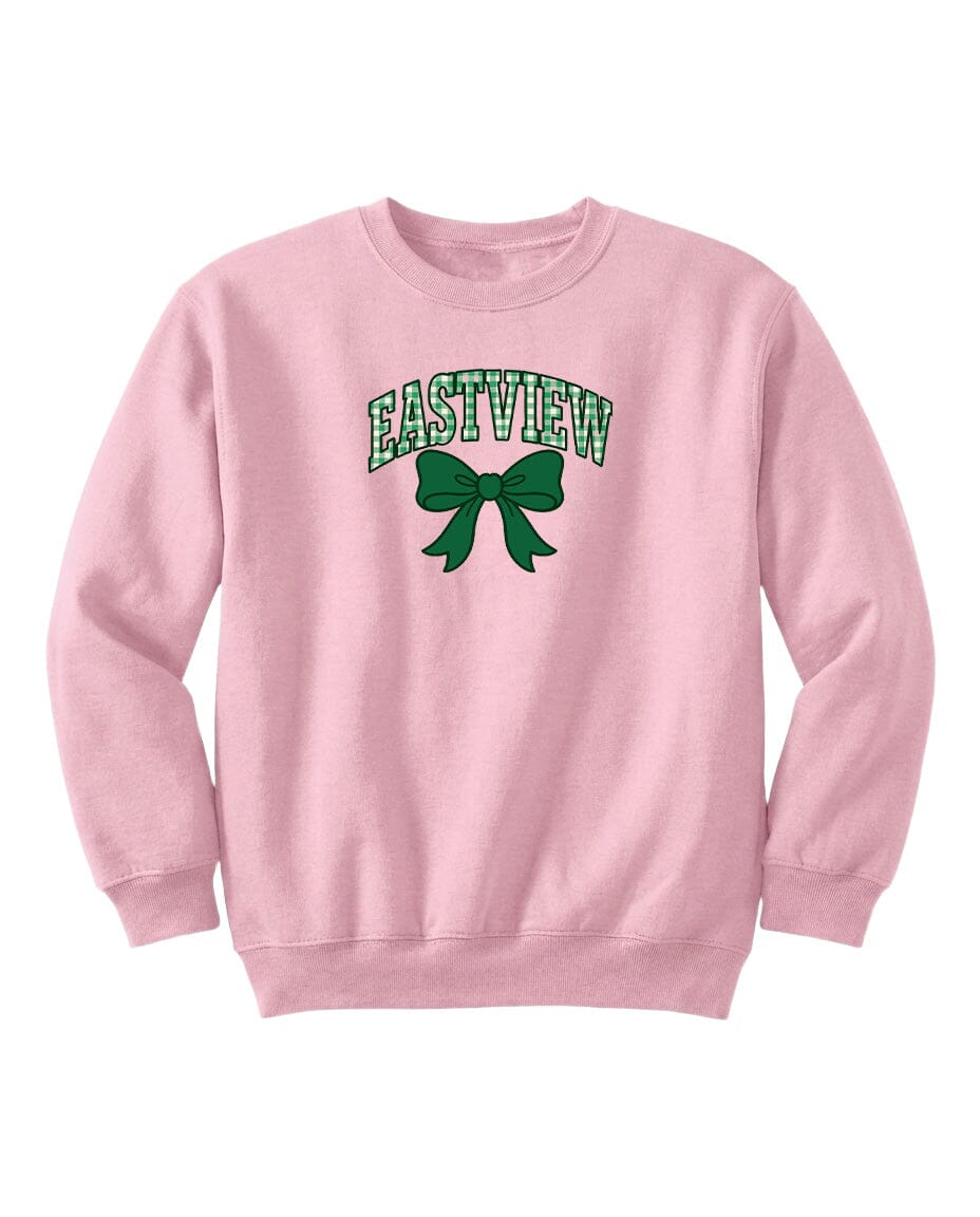 A pink sweatshirt with the word "EASTVIEW" and a green bow printed on it.